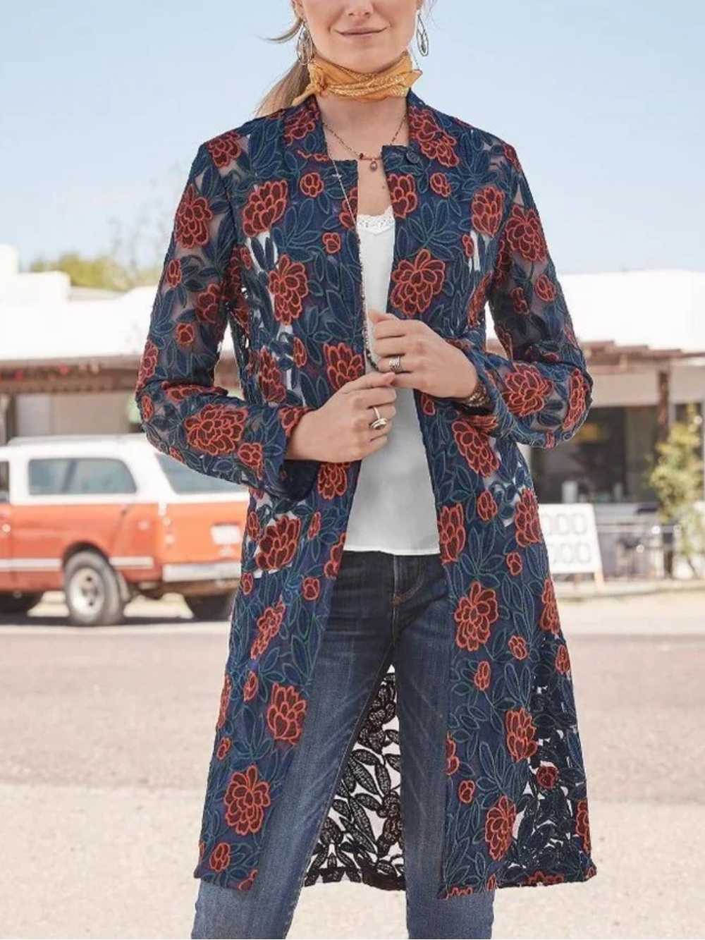 DRIFTWOOD for Sundance Turn Heads Boho Floral Embroidered Mesh Duster Coat XL